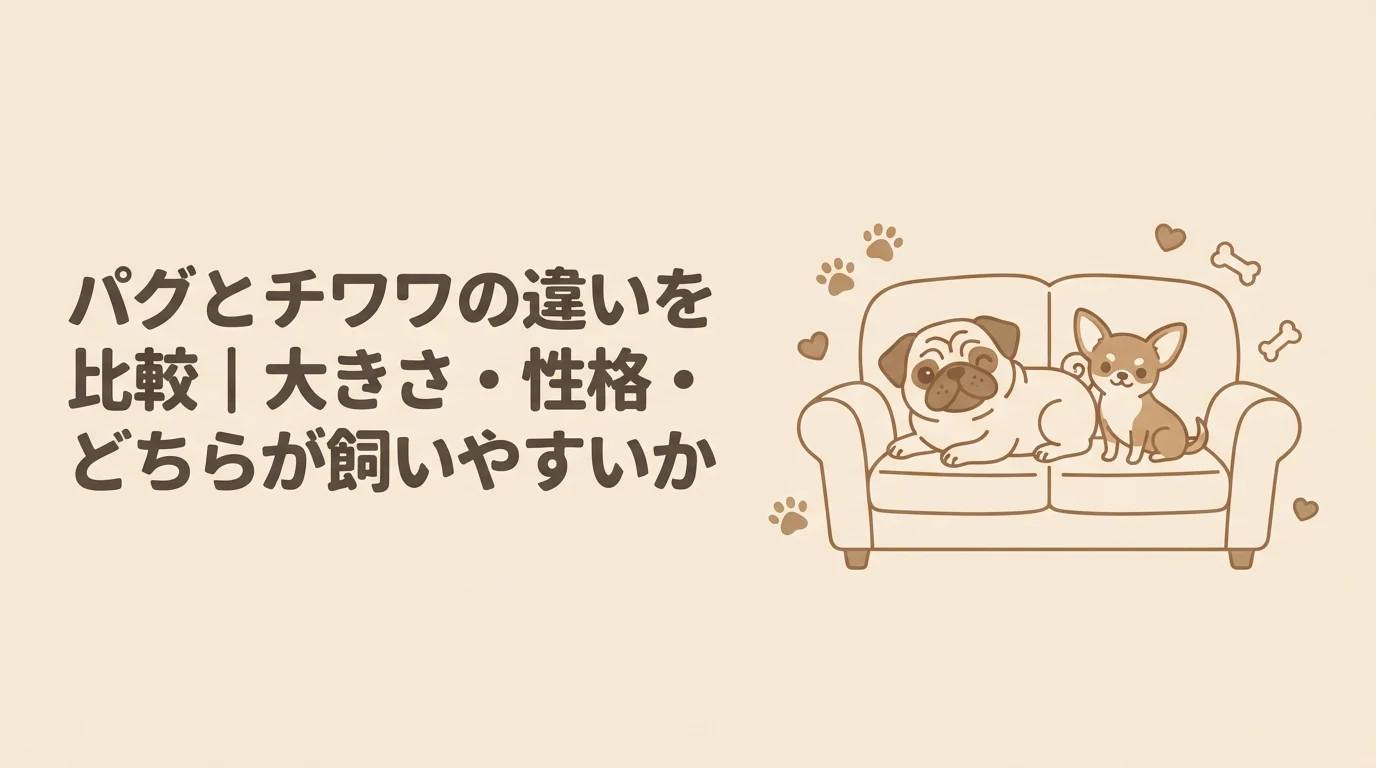 パグと小さなチワワが並んでソファでくつろいでいる様子
