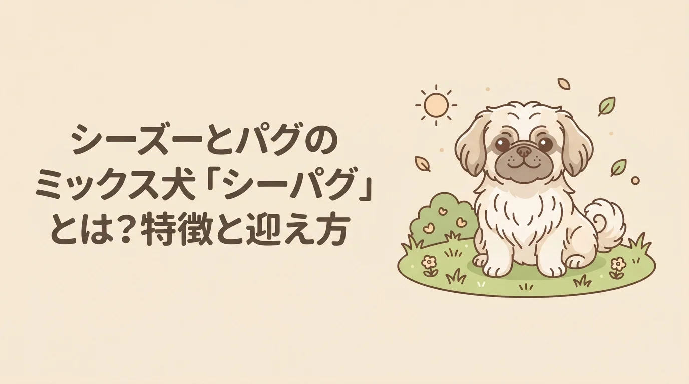 長めの被毛と鼻ぺちゃの顔立ちをもつミックス犬が芝生でおすわりする様子