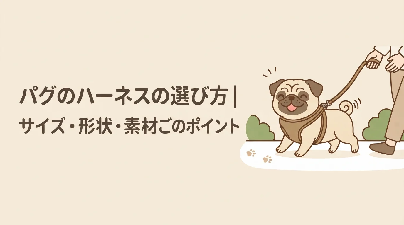 ハーネスを着けて、飼い主のもとへ尻尾を振りながら元気に歩いてくるパグ