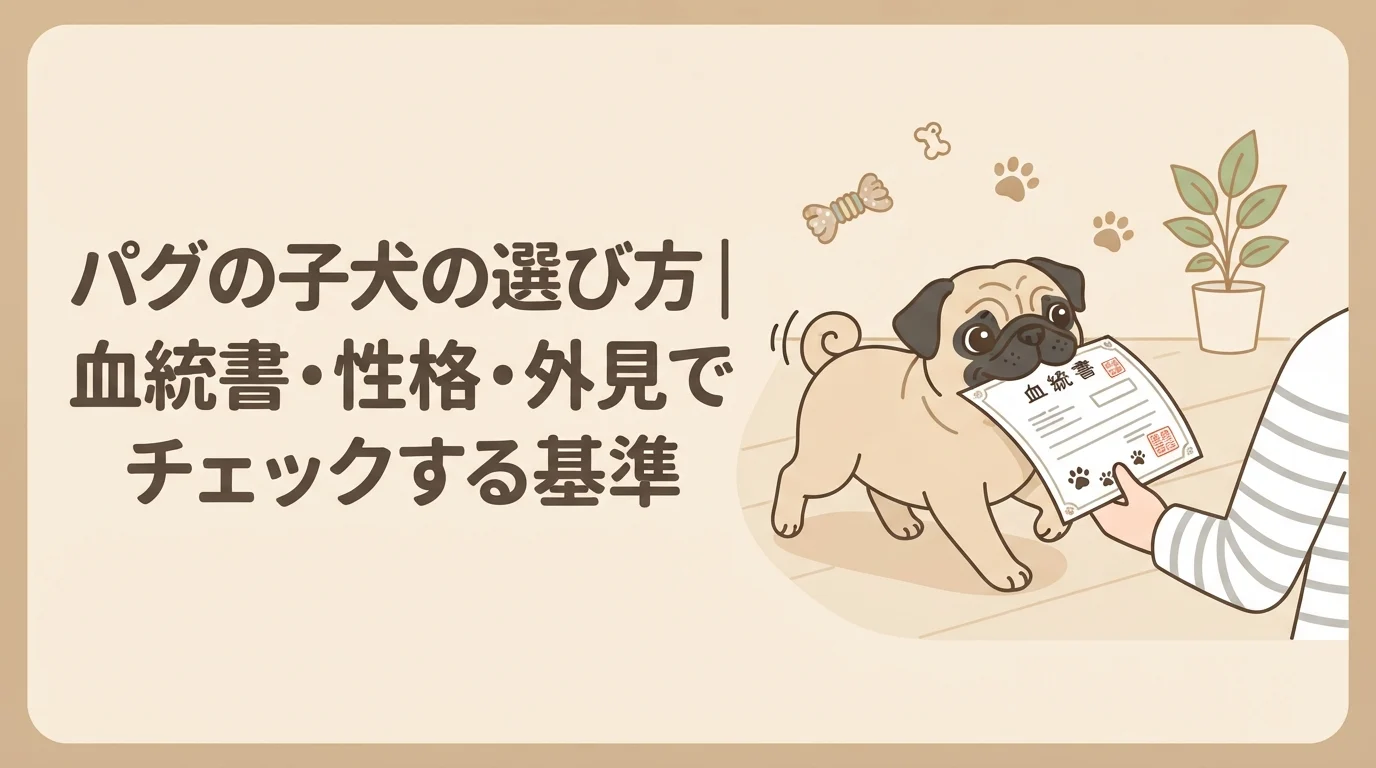 血統書を見せてもらいながら、元気に人へ近づいてくる愛嬌のあるパグの子犬