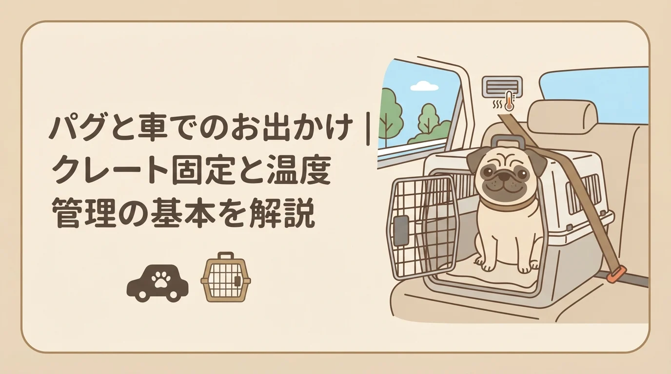 ハードクレートに入って車の後部座席で安心した表情で座っているパグ
