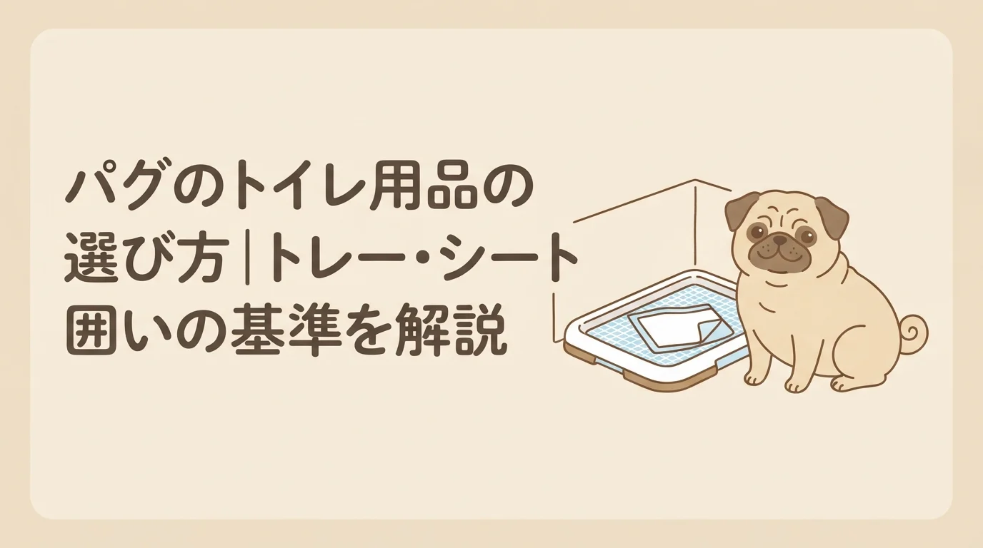 トイレトレーの脇でちょこんとお座りしている、ちょっとぽっちゃりめの可愛いパグ