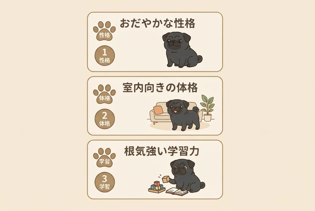 パグが初心者に飼いやすいといわれる3つの理由(おだやかな性格・室内向きの体格・学習力)を示した図解