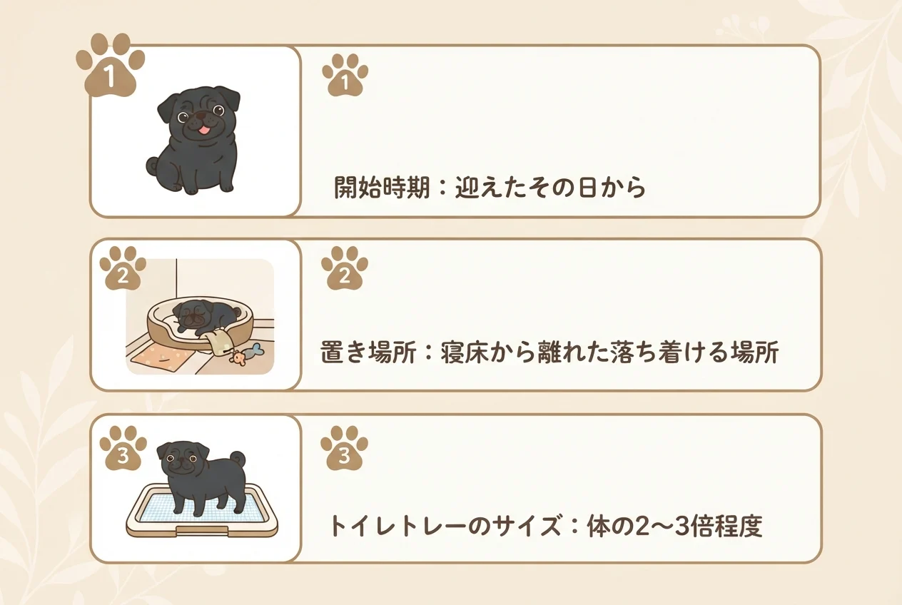 パグのトイレしつけを始める前に準備したい3つのポイント(開始時期・置き場所・サイズ)を示した図解