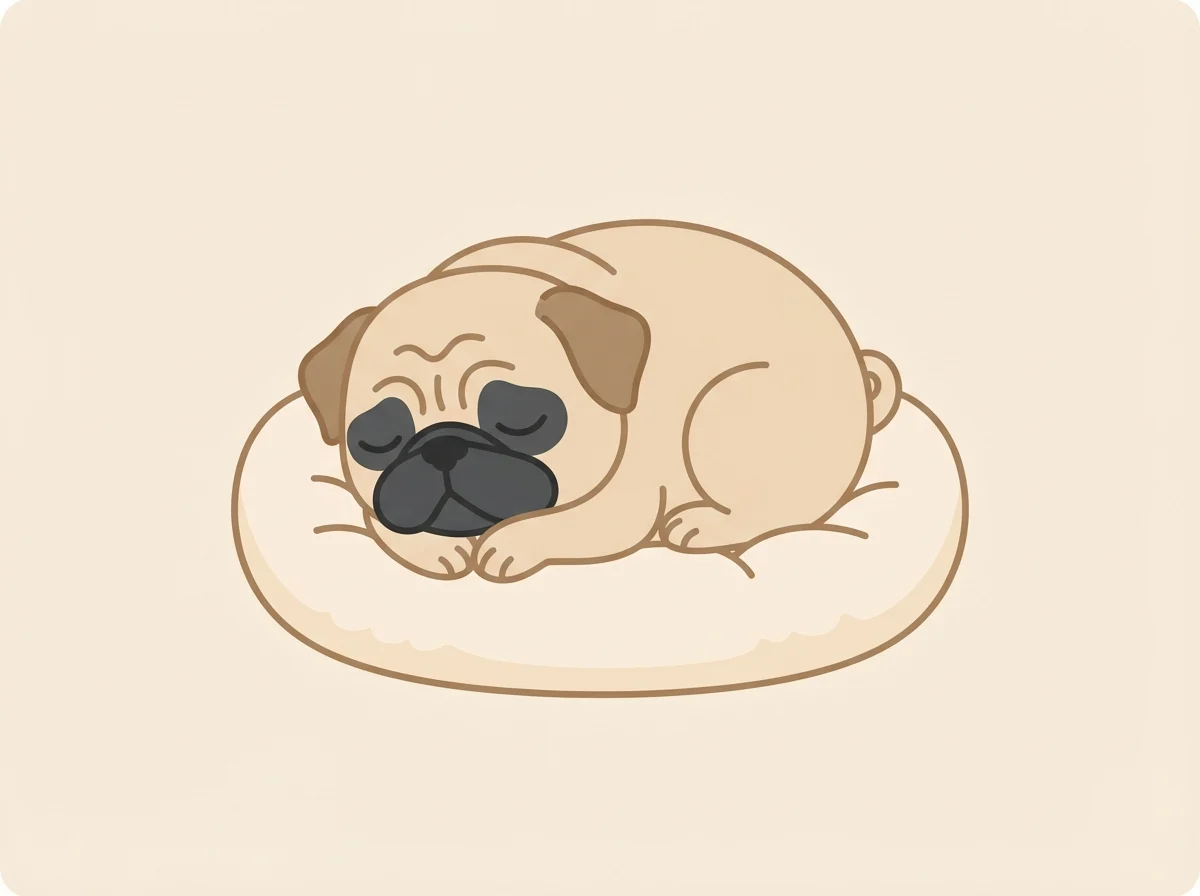 丸くなって静かに眠る、落ち着いた性格のパグのイラスト