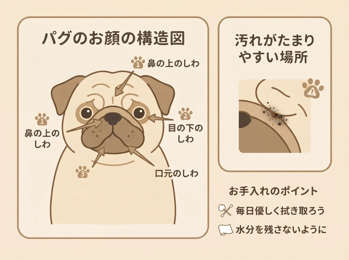 パグのしわに汚れがたまりやすい理由(しわの構造)を示す図解
