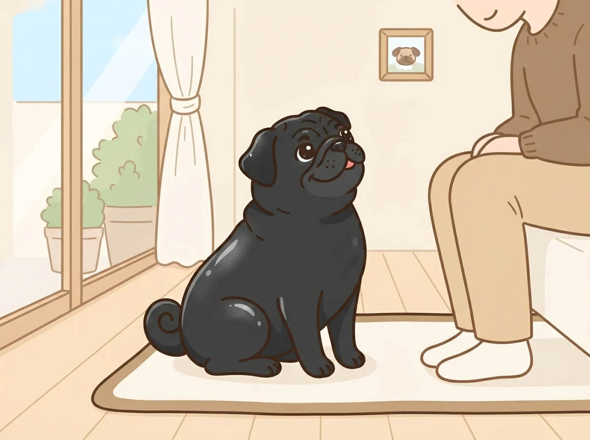 つやのある黒い被毛の黒パグがおすわりして飼い主を見上げている様子です。