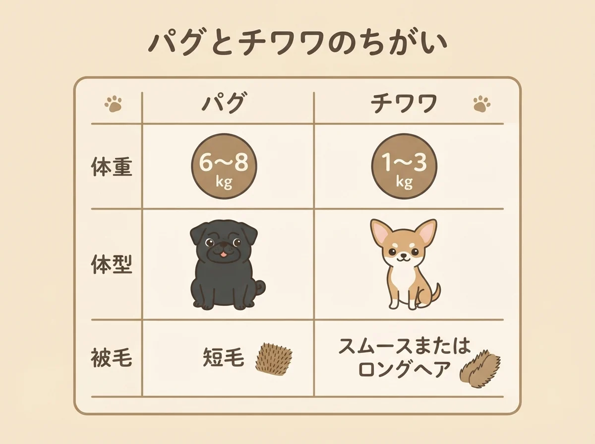 パグとチワワの体重・体型・被毛の違いを一覧にした比較表です。
