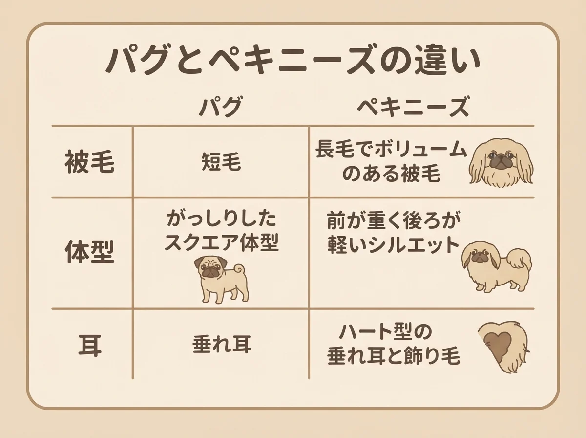 パグとペキニーズの被毛・体型・耳の違いを並べて比べた対比表です。