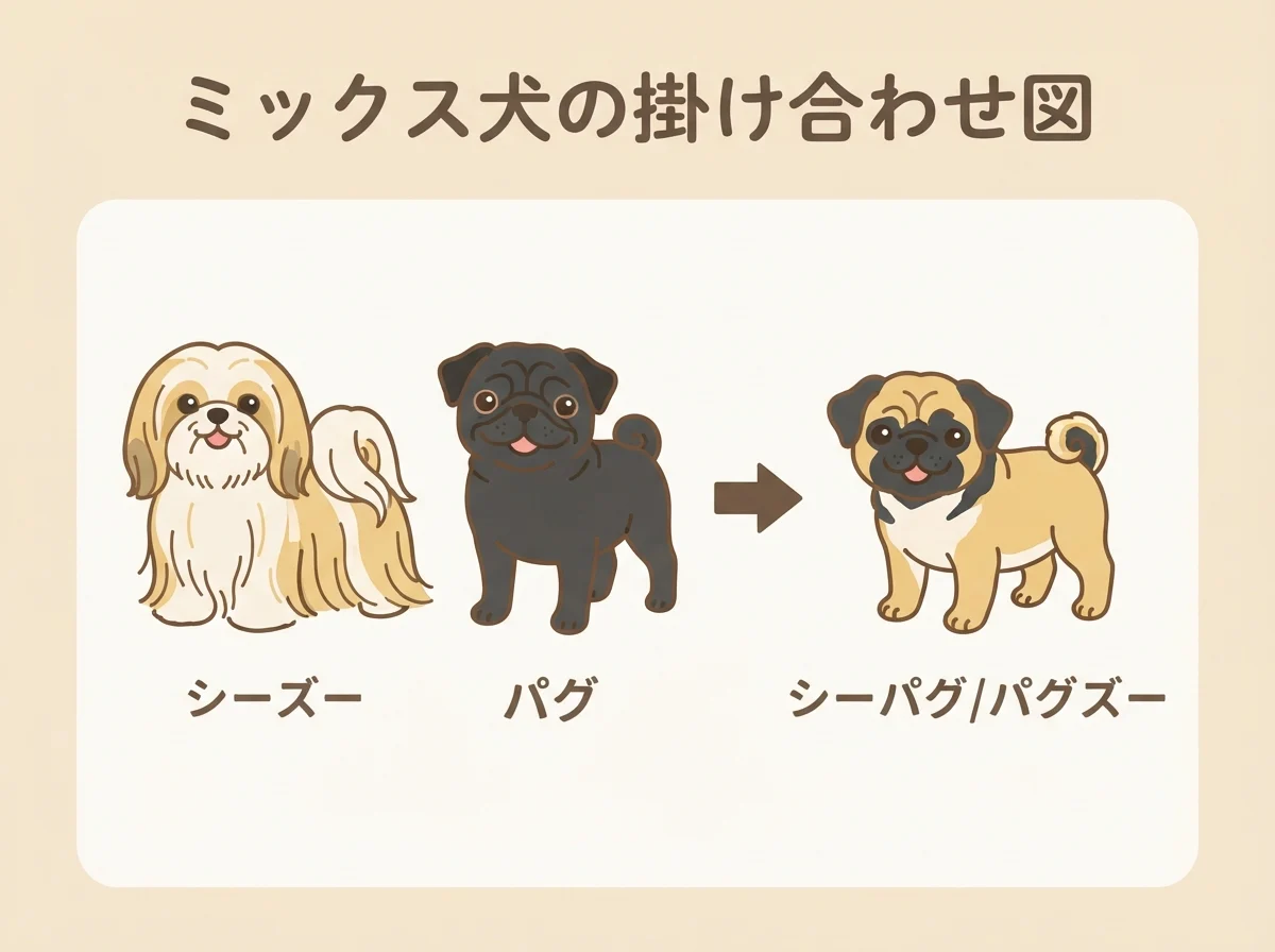 シーズーとパグのミックス犬がシーパグやパグズーと呼ばれることを示した掛け合わせの図解です。