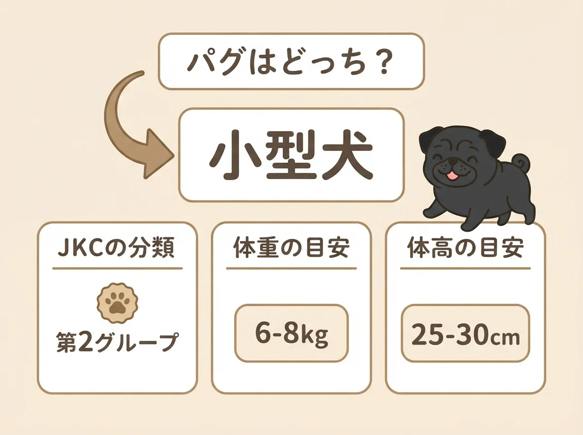 パグが小型犬に分類される根拠を、JKCの分類・体重の目安・体高の目安の3つで示した図解です。