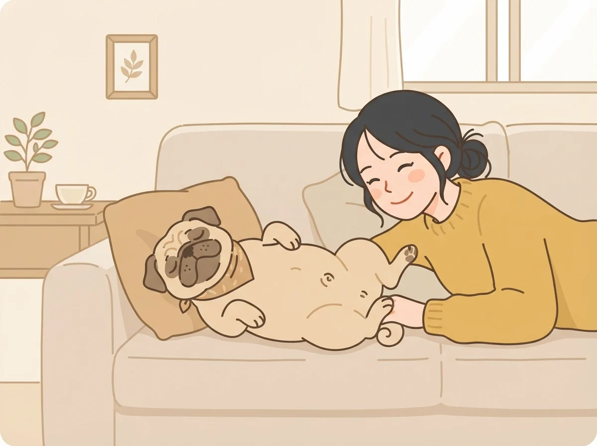 ソファで寝転ぶパグをくつろぎながら見つめる、穏やかな時間を好むパグ好きの飼い主の様子です。