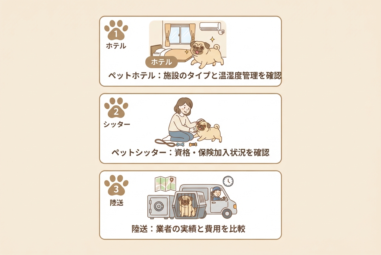 パグを預ける3つの選択肢(ペットホテル・ペットシッター・陸送)で確認したいポイントを示した図解
