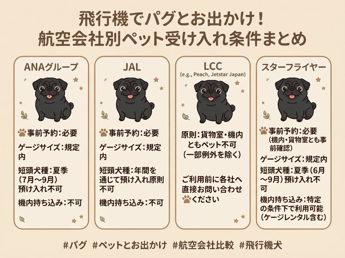 航空会社ごとのパグの受け入れ条件を比較した4パターンの図