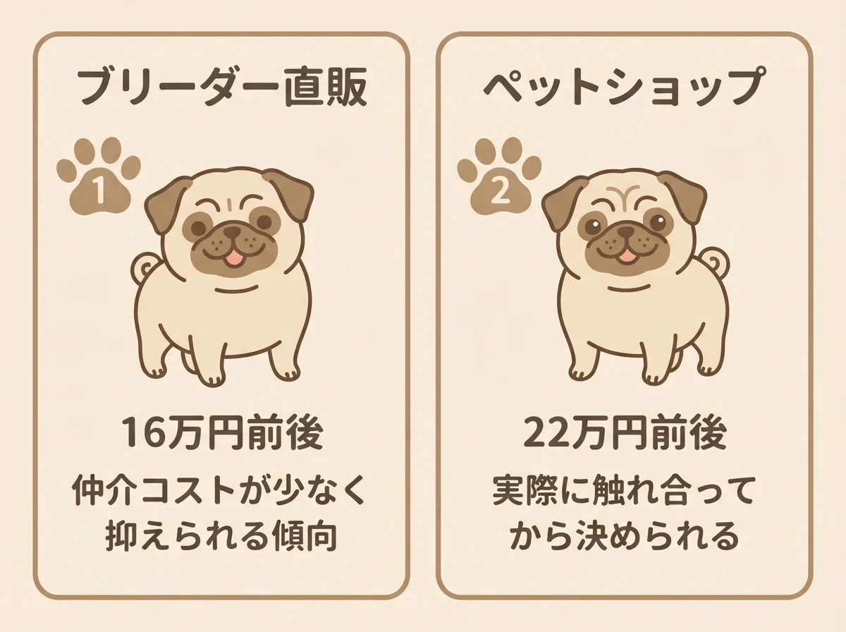 パグの子犬の値段相場をブリーダー直販とペットショップで比較した図解(16万円前後と22万円前後の価格帯の違い)