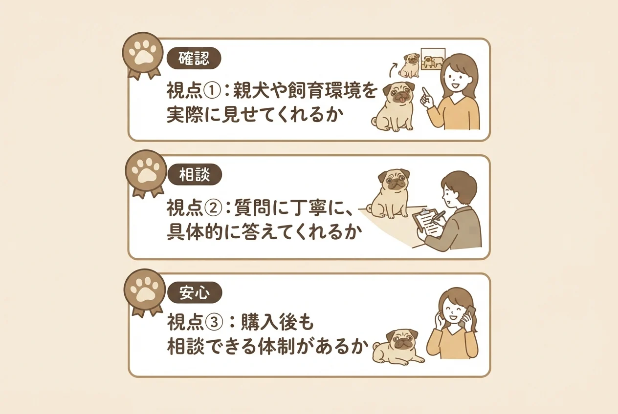 信頼できるパグのブリーダーを選ぶときに大切な3つの視点(飼育環境の公開・質問への対応・購入後の相談体制)を示した図解