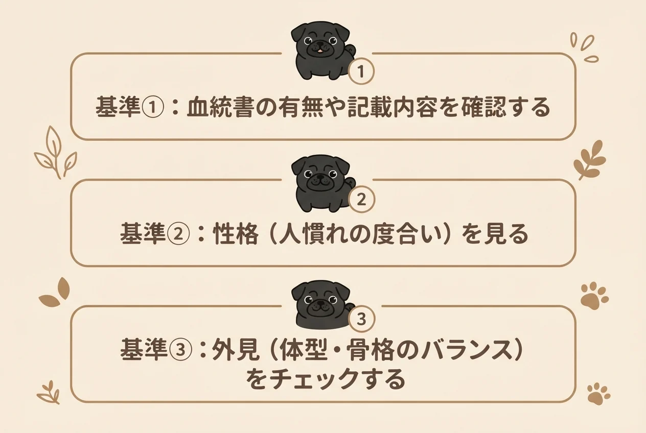 パグの子犬を選ぶときに見る3つの基準（血統書・性格・外見）を示した図解