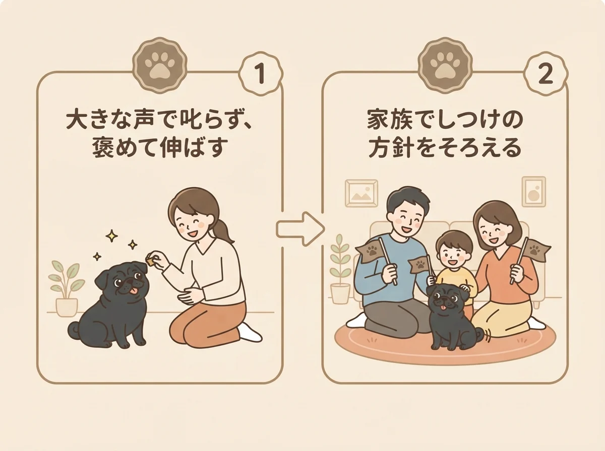 パグのしつけで大切な、褒めて伸ばすことと家族で方針をそろえることを示した図解