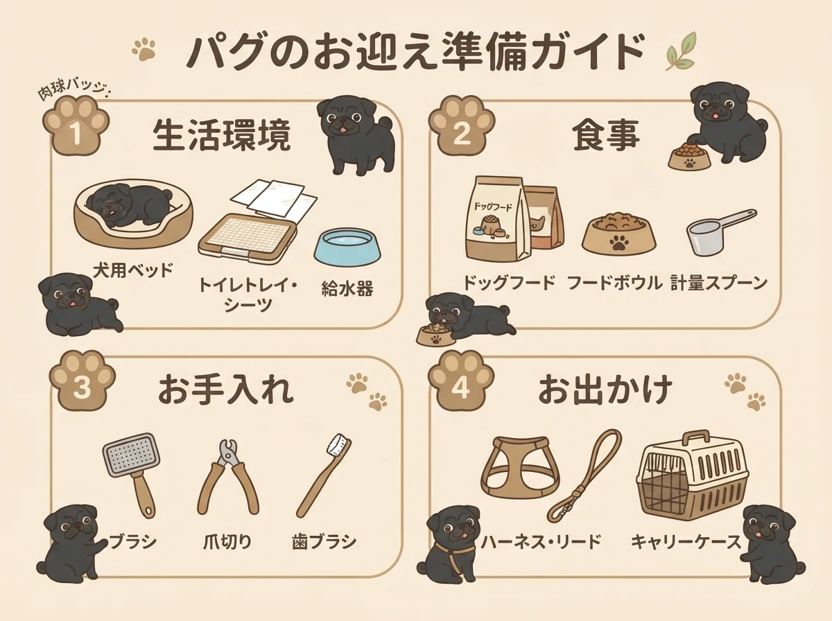 生活環境・食事・お手入れ・お出かけの4カテゴリで揃える、パグのお迎え準備グッズ全体像を示す図解