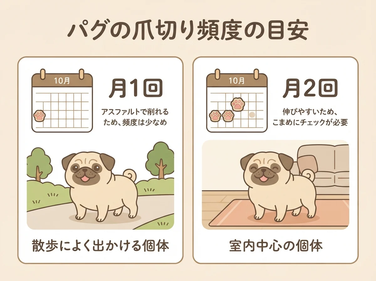 散歩の多い個体は月1回、室内中心の個体は月2回という爪切り頻度の目安を示した図解