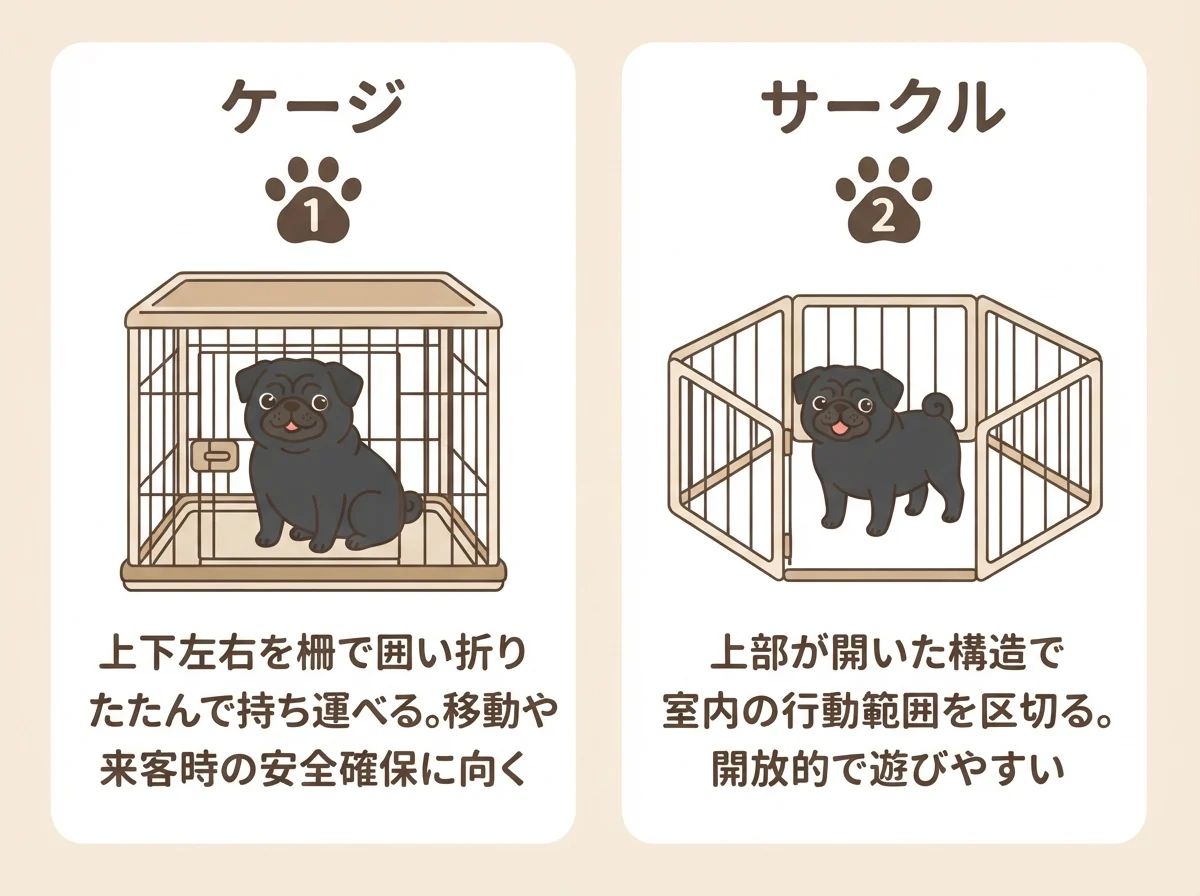 ケージとサークルの違い(囲い方・持ち運びやすさ・使い方)を比較した図解