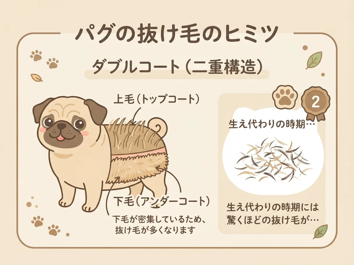パグの抜け毛が多い理由（ダブルコート構造）を示した図解