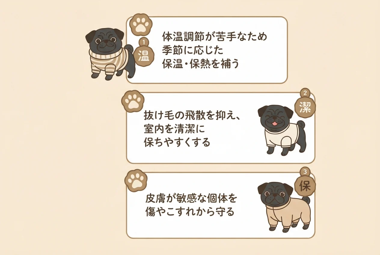 パグに服が必要とされる3つの理由(体温調節・抜け毛対策・皮膚保護)を示した図解