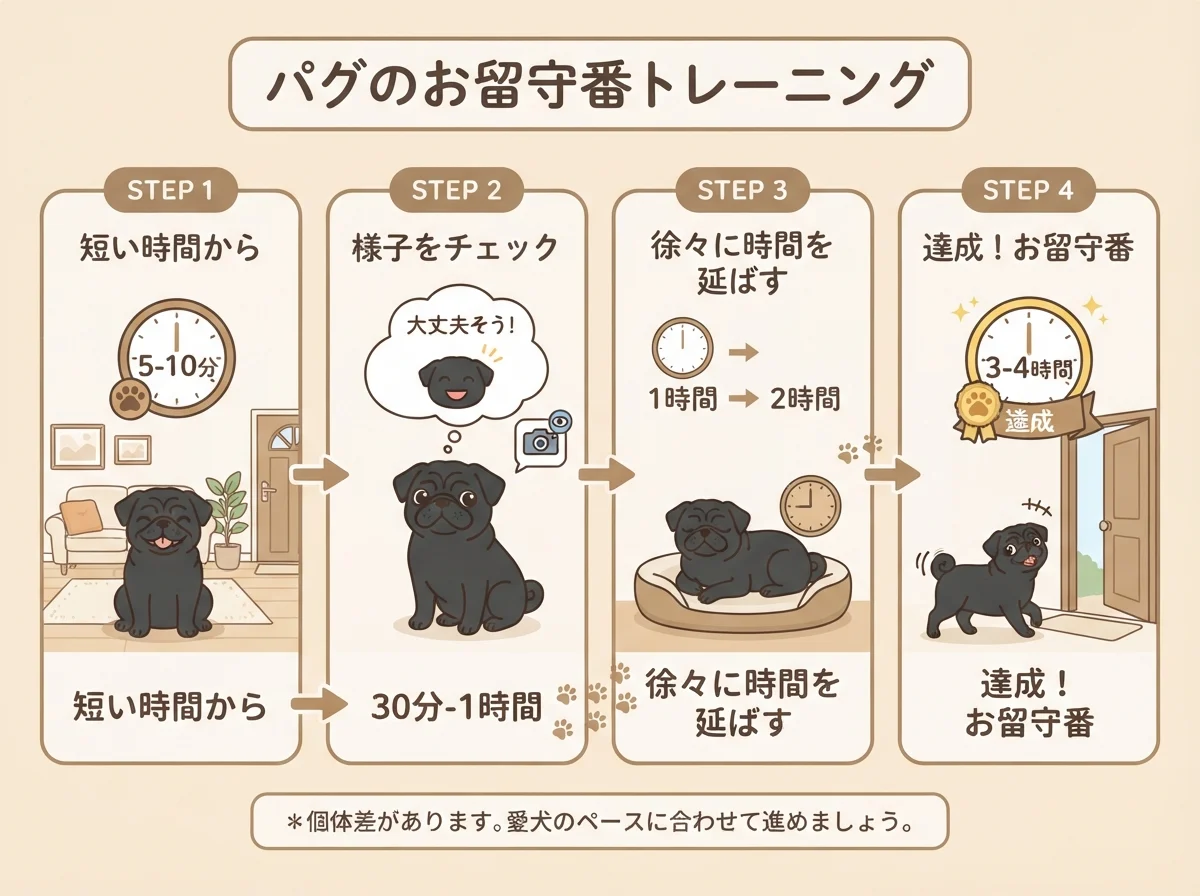 留守番時間には個体差があり少しずつ延ばしていく考え方を示した図解