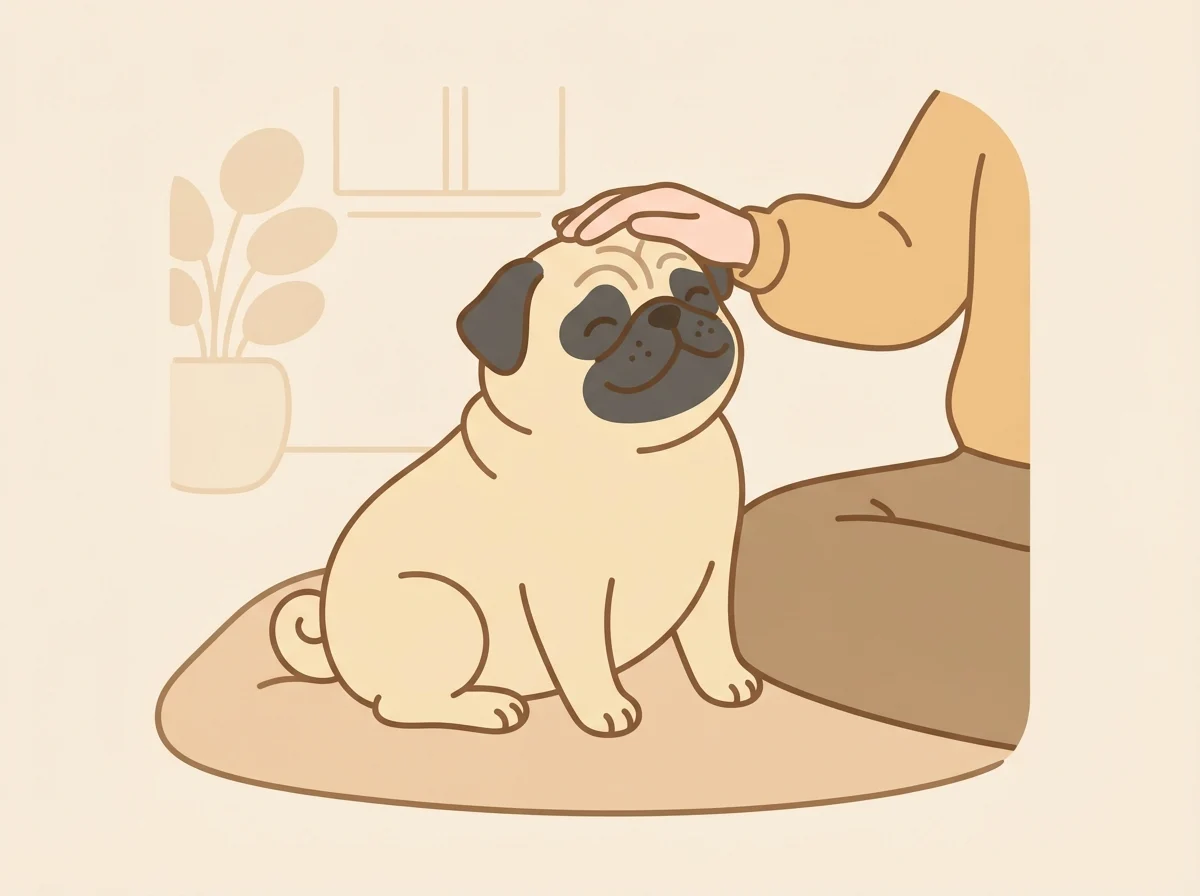 すでに人に慣れた様子の成犬パグが、新しい家族に迎えられて安心した表情を見せている様子