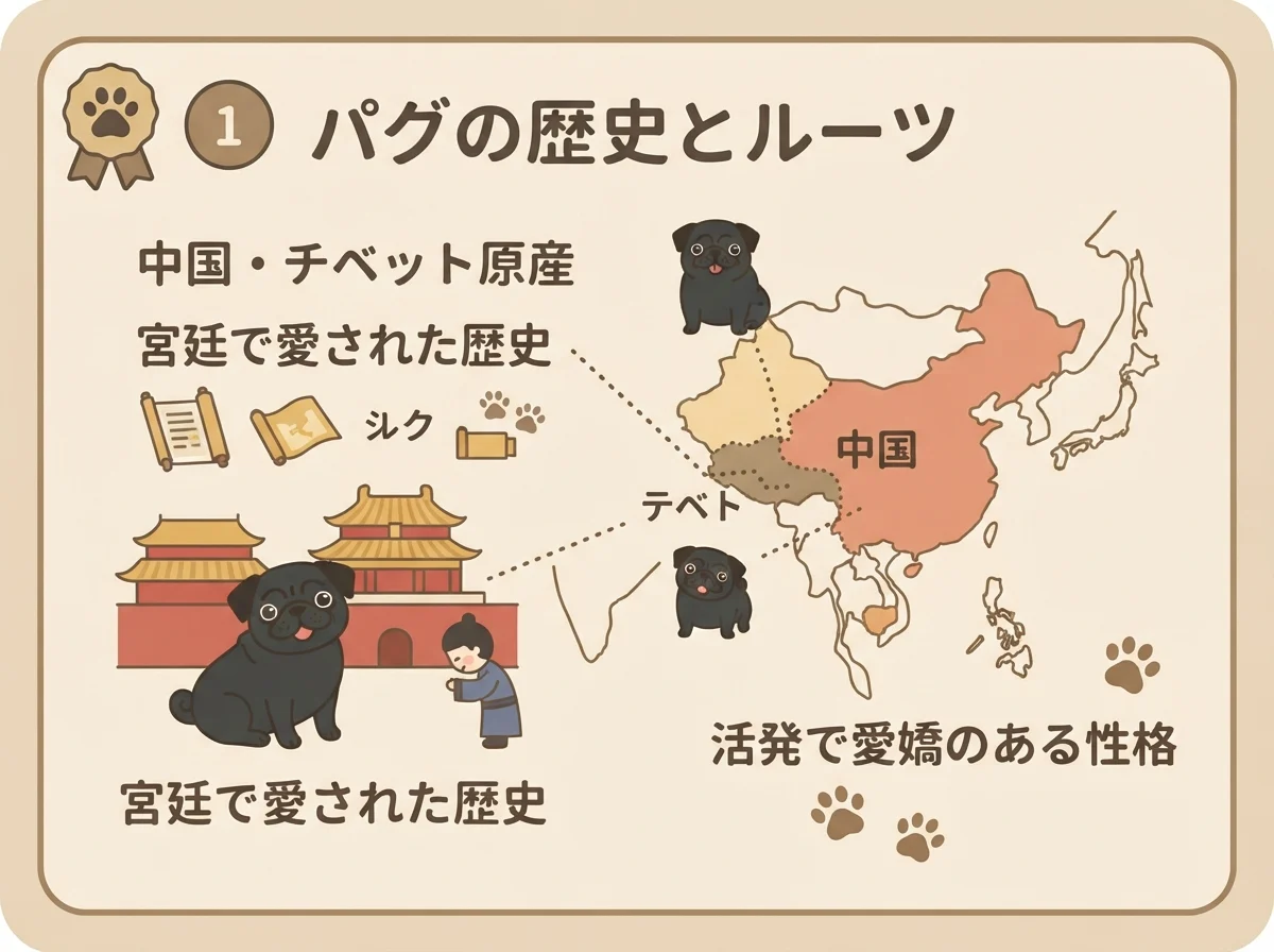 パグの原産国(中国・チベット)と宮廷で育てられてきた歴史を示す図解