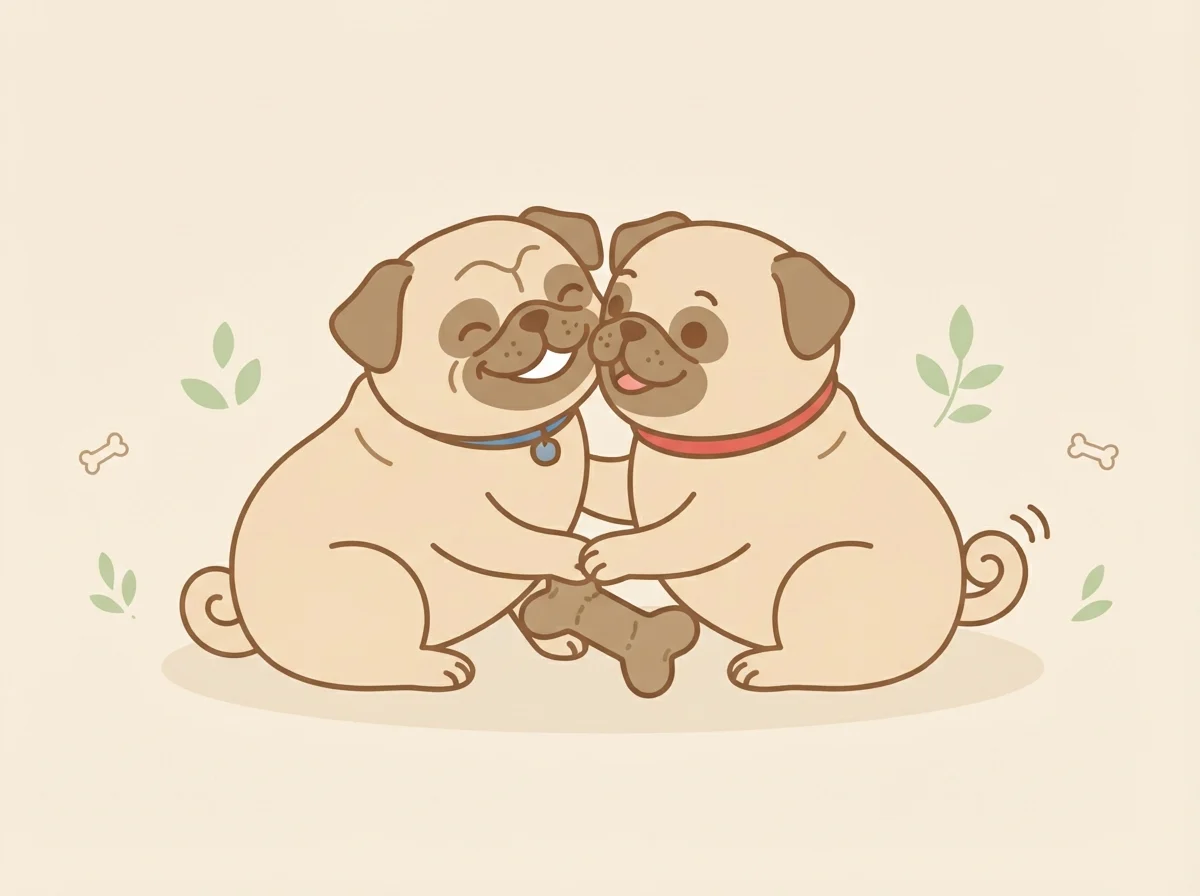 2頭のパグが仲良く寄り添って遊んでいる、多頭飼いに向いた性格を示すイラスト