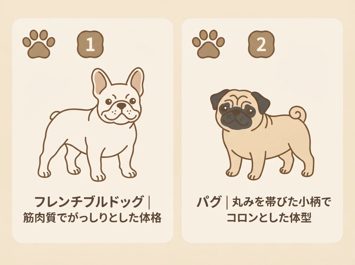 フレンチブルドッグとパグの体型の違いを並べて示した図解