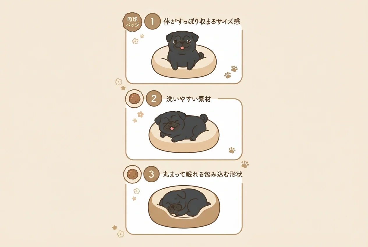 パグのベッドを選ぶときの3つの基準(サイズ感・素材・形状)を示した図解