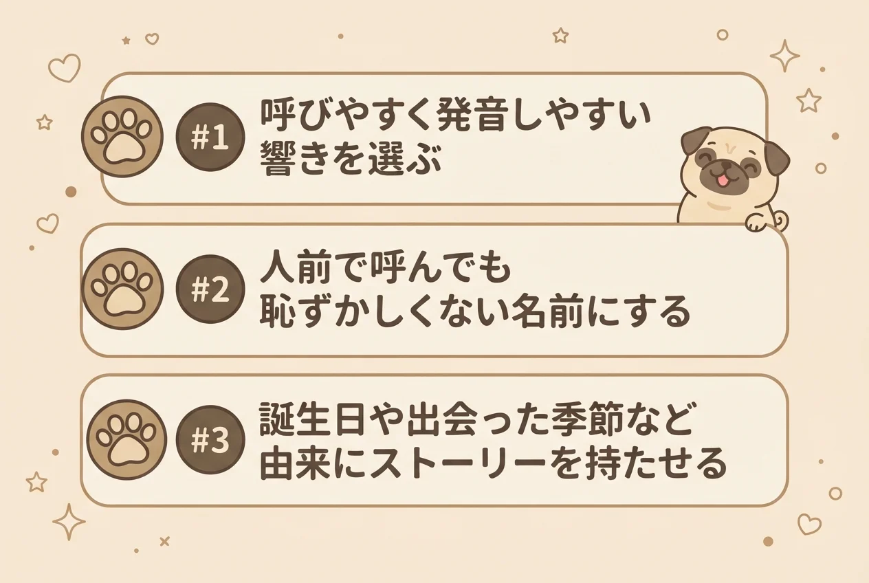 パグの名前を決めるときに意識したい3つのポイントを示した図解