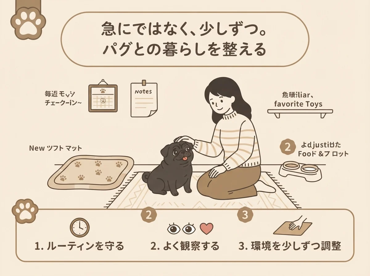 シニア期のパグの暮らしで大切にしたい、少しずつ環境を整える姿勢を示した図解