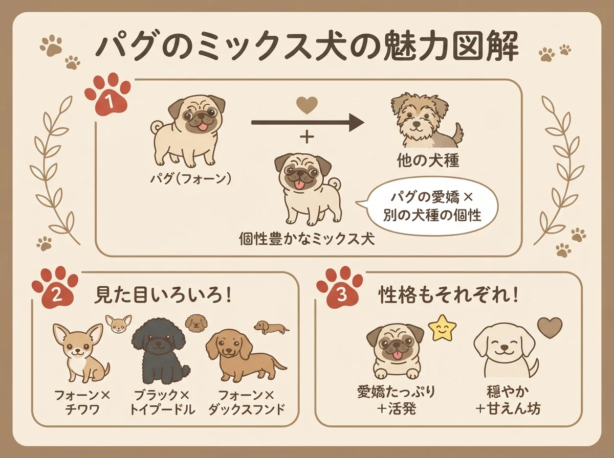 パグのミックス犬とは何かを示す図解(パグ×他犬種のかけ合わせ)
