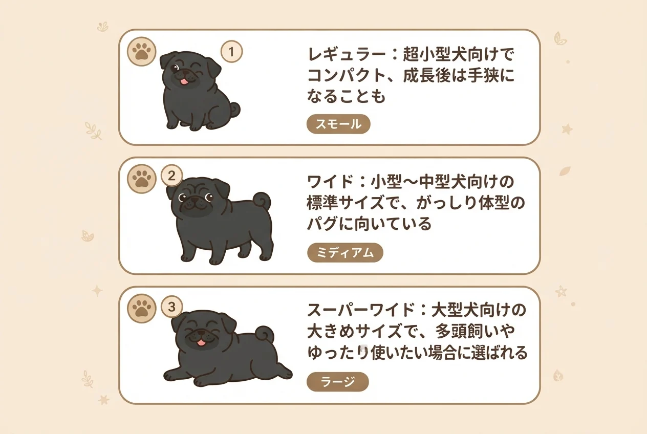パグに合うトイレトレーの3つのサイズ（レギュラー・ワイド・スーパーワイド）の特徴を示した図解