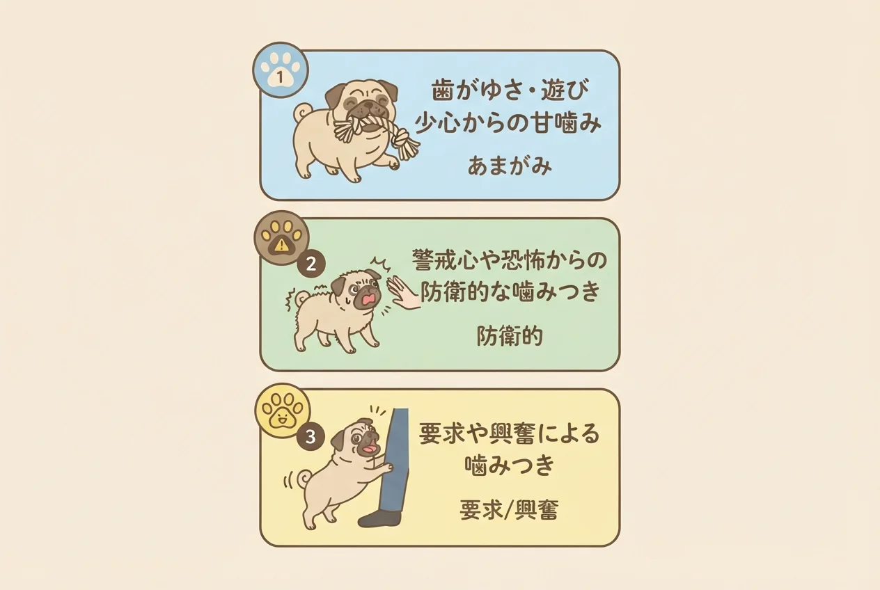 パグが噛みつく3つの理由(甘噛み・防衛・要求や興奮)を示した図解