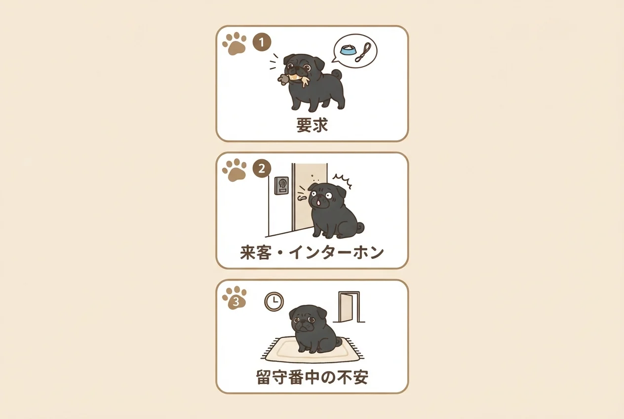 パグが吠えることがある3つの場面(要求・来客時・留守番中の不安)を示した図解