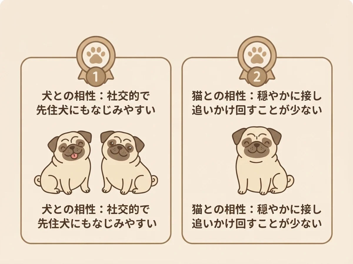 パグと犬・猫それぞれとの相性の良さを対比した図解
