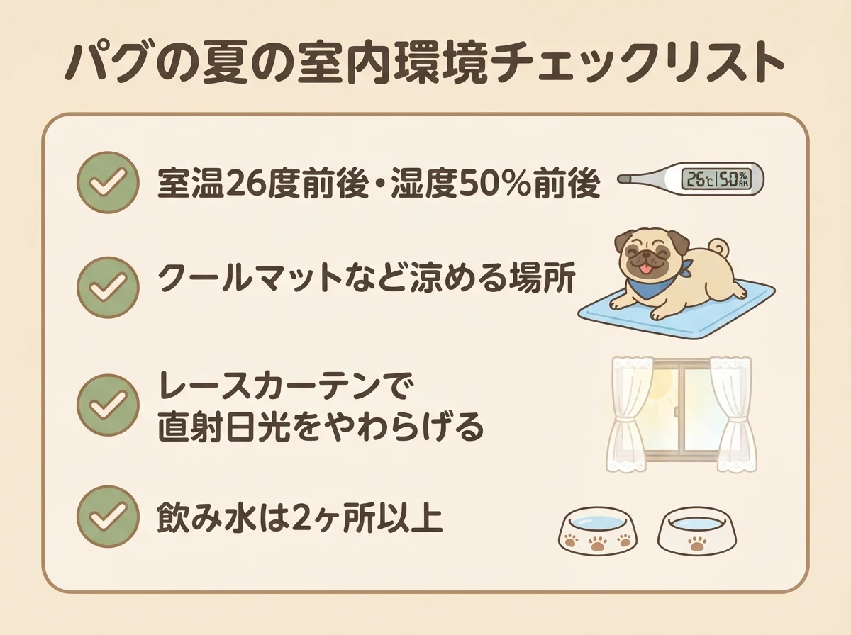 パグが夏を快適に過ごすための室温・涼める場所・日差し・飲み水の4つの室内環境ポイントをまとめたチェックリストの図解です。