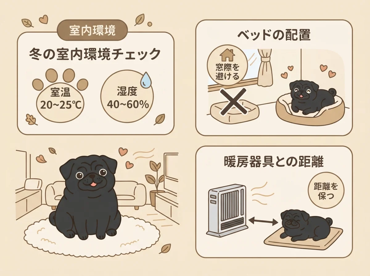 パグが冬を快適に過ごす室内環境の図解です。室温と湿度の目安、ベッドと暖房器具の配置を示しています。