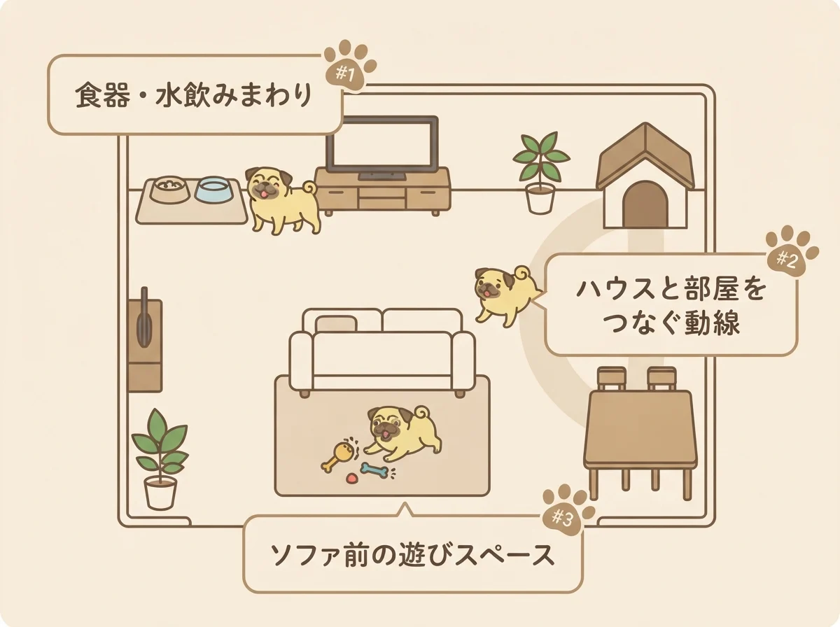 パグのためにマットを敷きたい場所を示した部屋の見取り図です。食器まわり・動線・ソファ前の3か所が目安です。