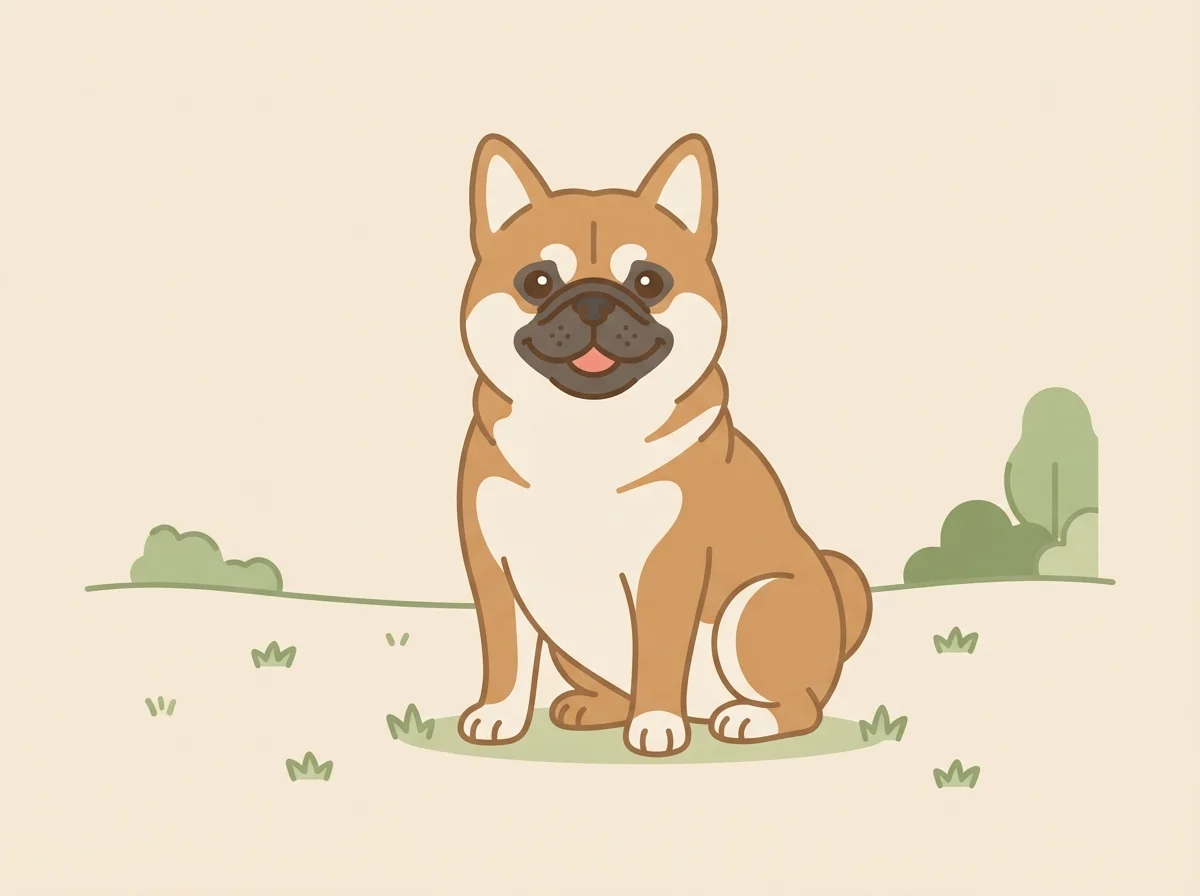 柴犬の立ち耳とパグの鼻ぺちゃな顔立ちをあわせ持つミックス犬が芝生におすわりしている様子です。