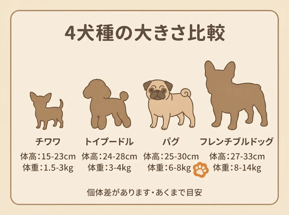 パグとチワワ、トイプードル、フレンチブルドッグの体高・体重の目安を並べて比較した図解です。