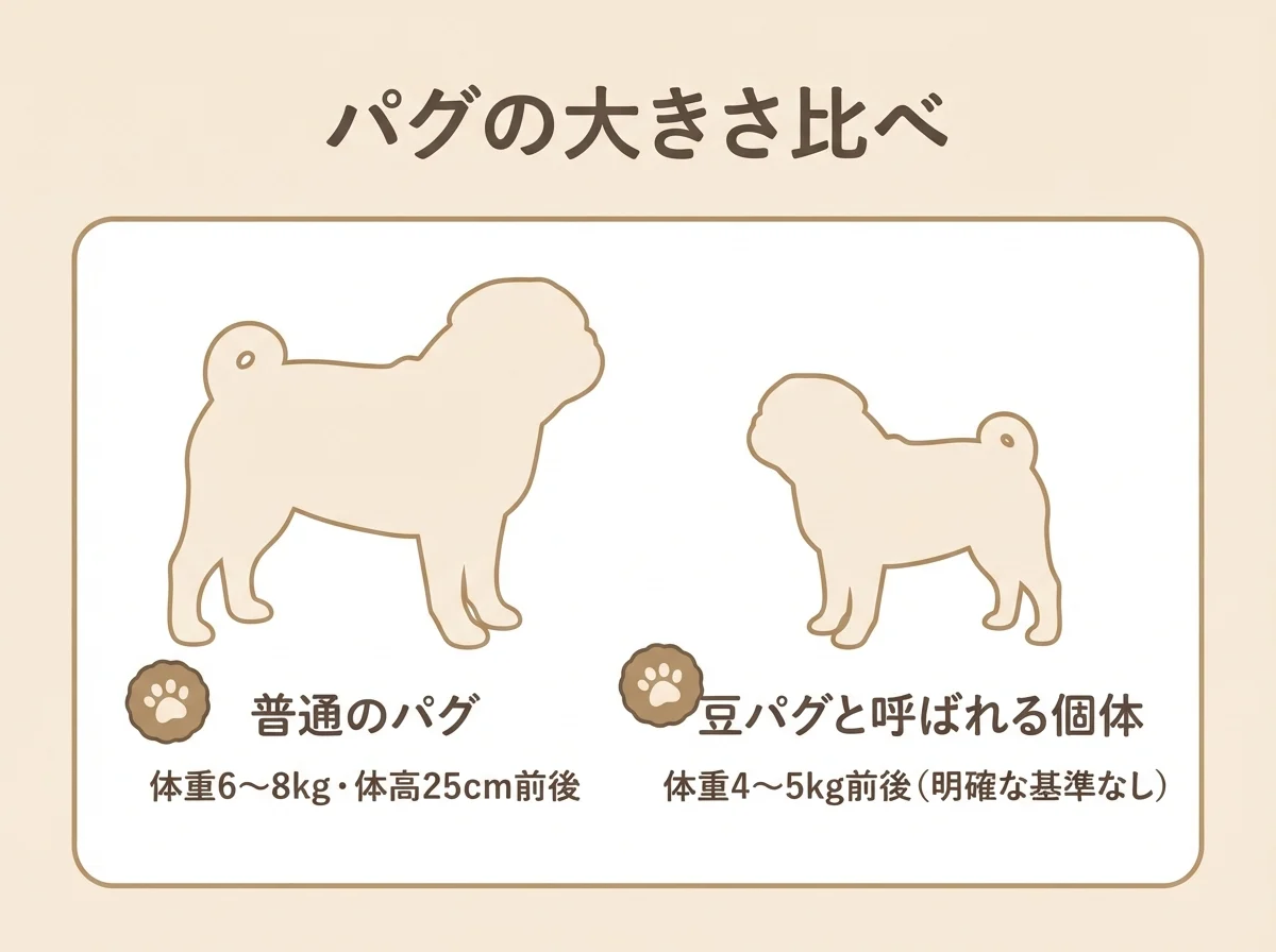 普通のパグと豆パグと呼ばれる個体の体重・体高の目安を比べた図です。