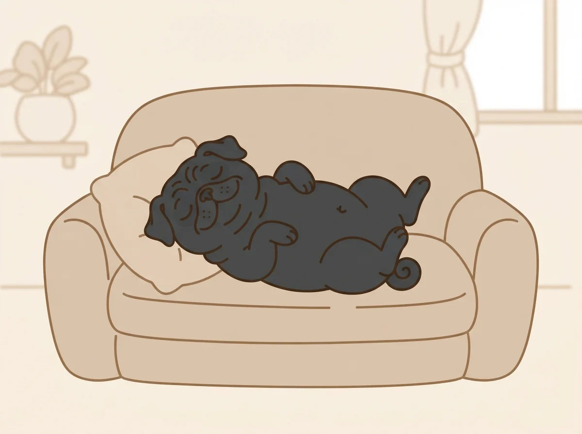 おなかを上に向けたへそ天ポーズでぐっすり眠っているパグの寝姿です。