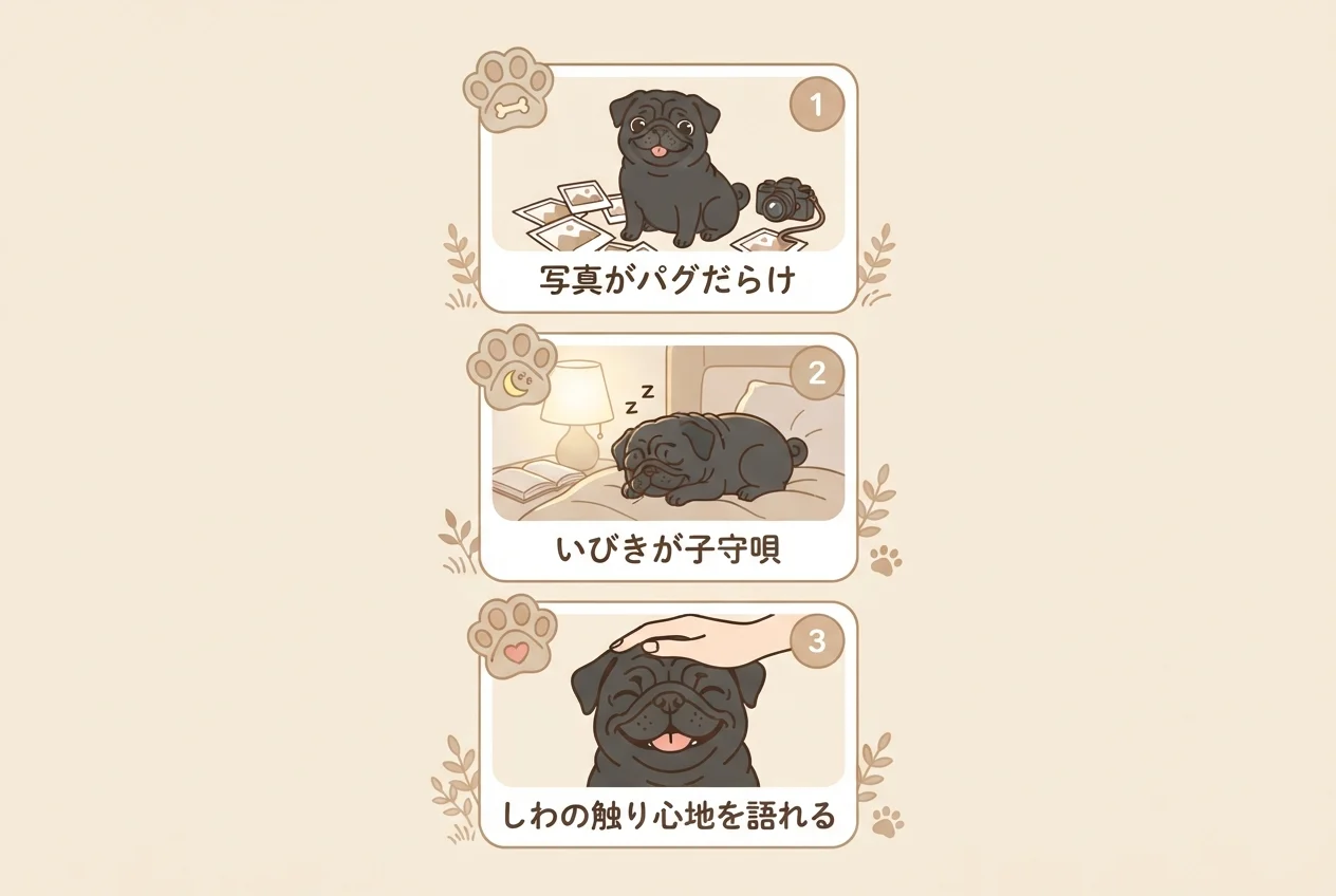 パグ好きに共通しやすいあるあるを3項目のチェックリストにまとめた図解です。