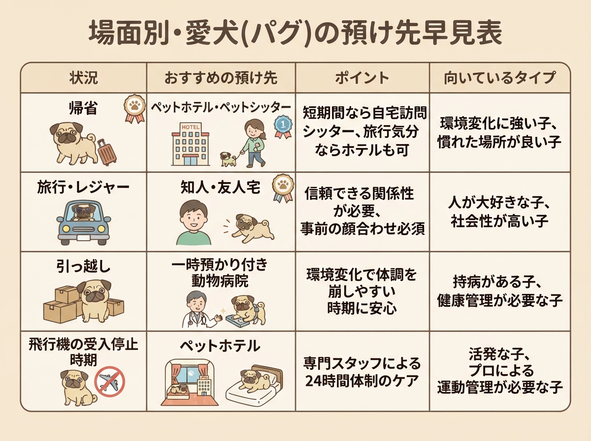 シーン別(帰省・旅行・引っ越し・飛行機の受入停止時期)にどの預け方が向くかを示した表