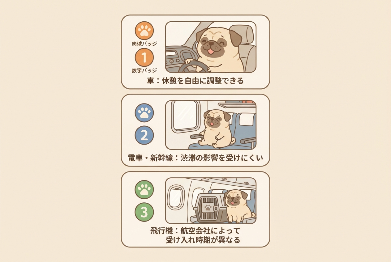帰省・旅行の移動手段(車・電車・飛行機)の特徴を比較した図解
